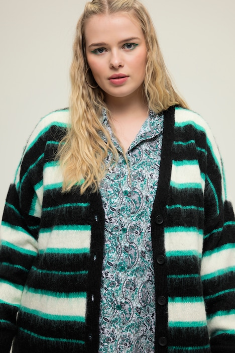 Strickjacke, oversized, Streifen, V-Ausschnitt
