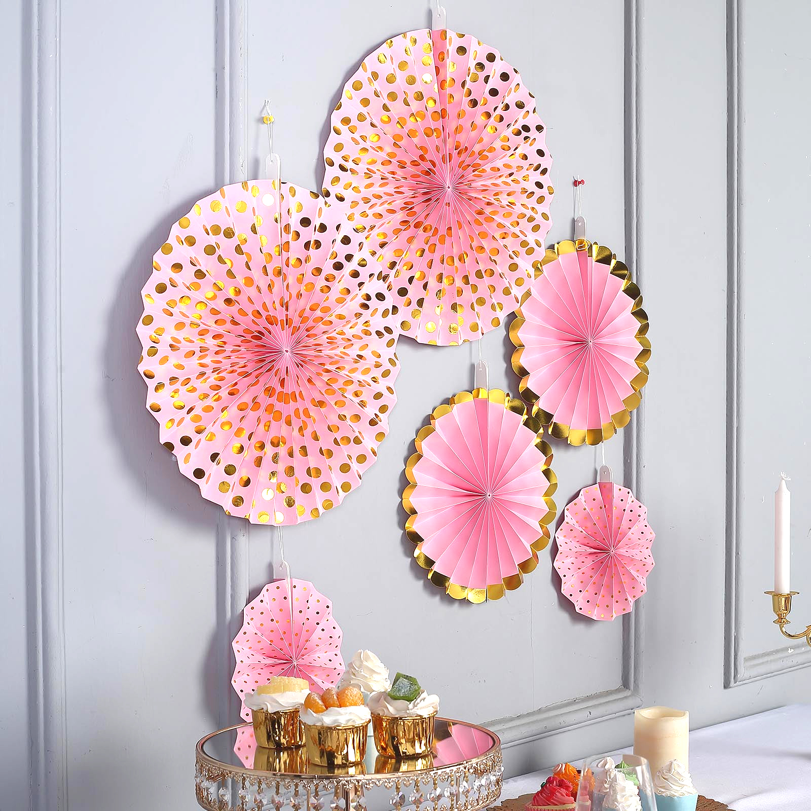 (6er Set) Papier Fächer Deko Rosetten Party / Geburtstag / Baby Shower - Rosa / Gold