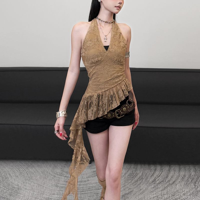 Sugarcoat - Halter V-hals, effen kant, asymmetrische zoom, open rug, slim-fit tanktop