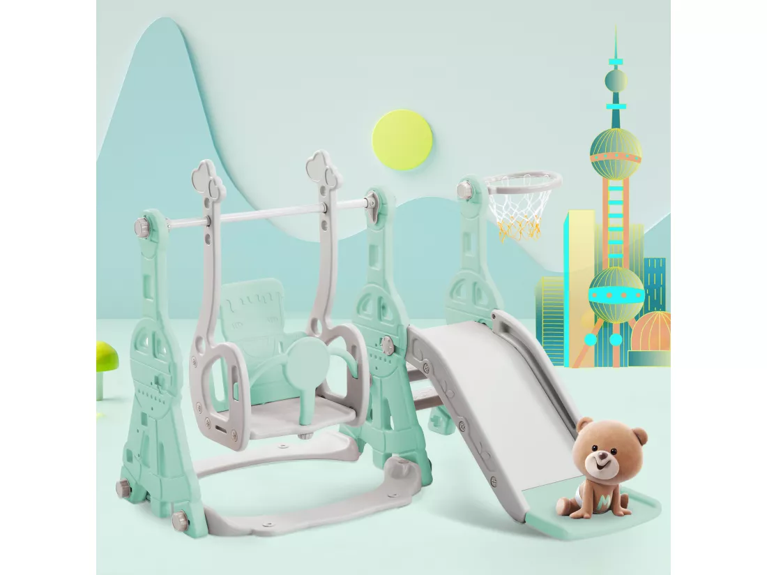 Toboggan 4 en 1 avec balançoire et support de basket-ball pour enfants, échelle d'escalade, pour intérieure et extérieure, vert
