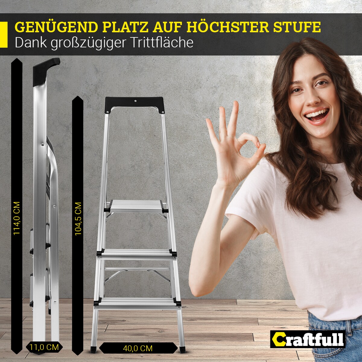 Craftfull Stehleiter CF-133B, Aluminium-Haushaltsleiter, Ablagefläche, Gummi-Standfüße, 3-6 Stufen (3 Stufen)