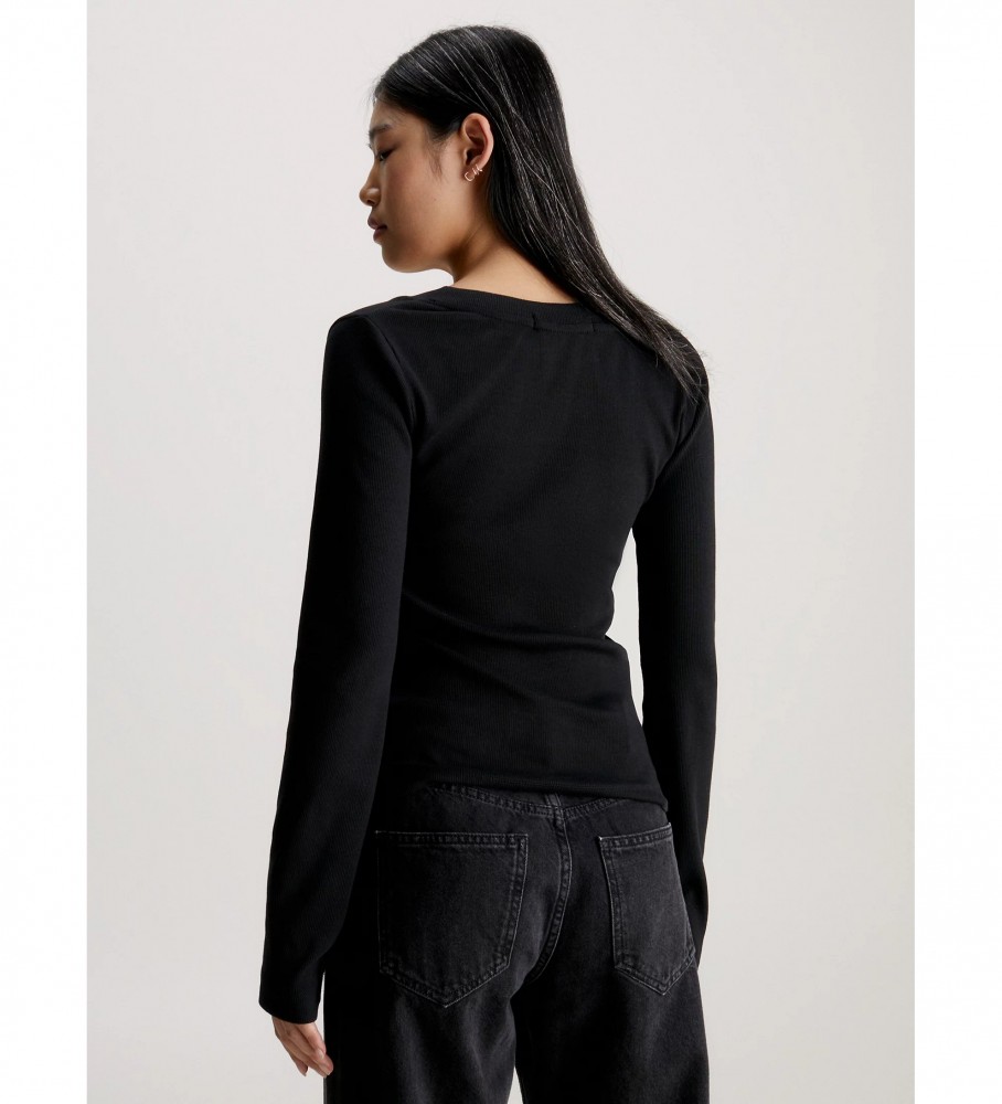 Blusa Calvin Klein Jeans Slim Fit com Decote em V e Textura Canelada na cor Preta