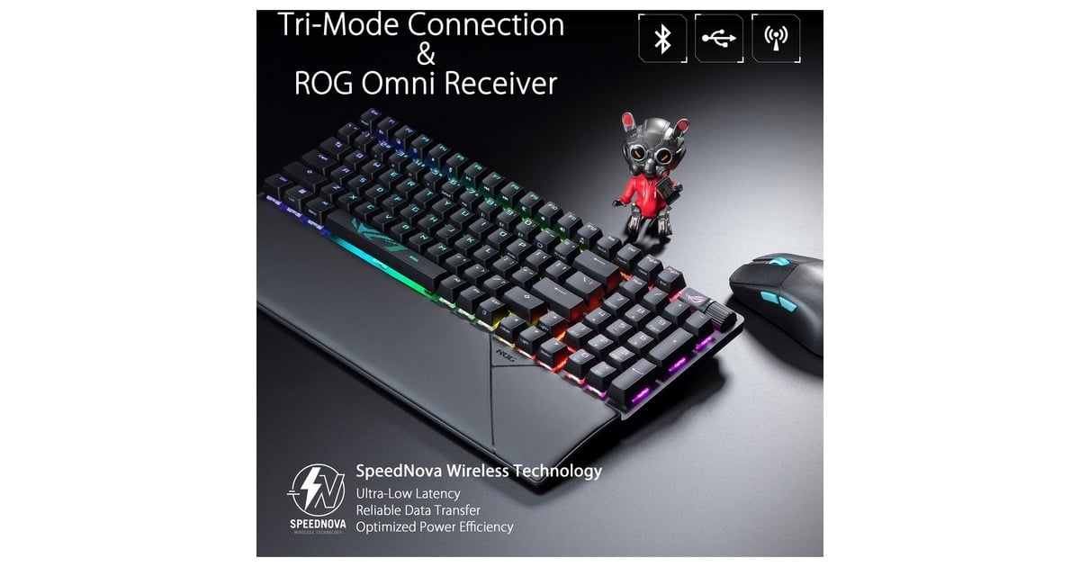ASUSROG Strix Scope II 96 Wireless, gaming toetsenbord  (Zwart, US lay-out, ROG NX Snow, RGB leds, 96%, Hot-swappable, PBT Double-shot, Bluetooth / 2.4GHz / USB 2.0)