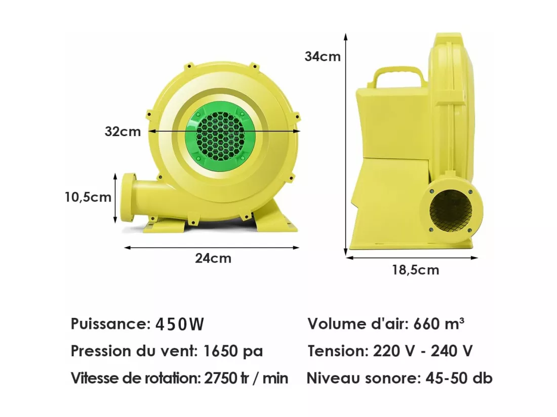 Gonfleur Électrique pour Château Gonflable avec Moteur en Cuivre 450W, Souffleur Électrique Résistant à Haute Température, Pompe Air Electrique de Ventilateur d’Air, Jaune