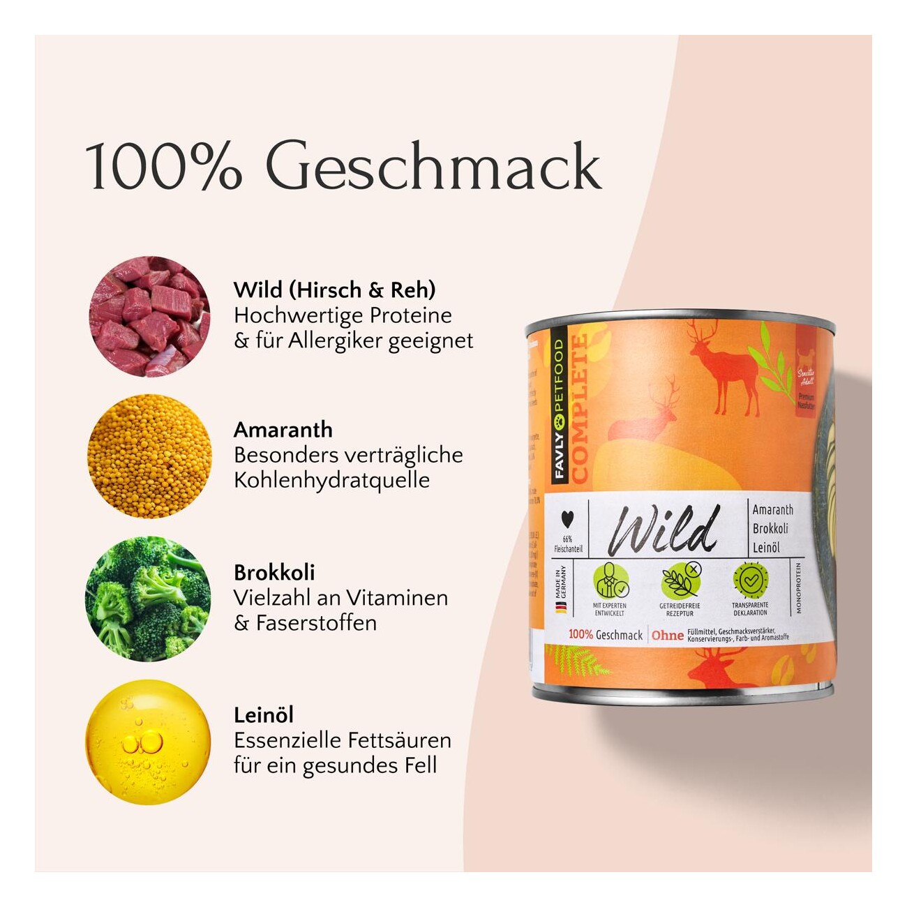 FAVLY Petfood Nassfutter Wild mit Amaranth, Brokkoli & Leinöl 6x800 g
