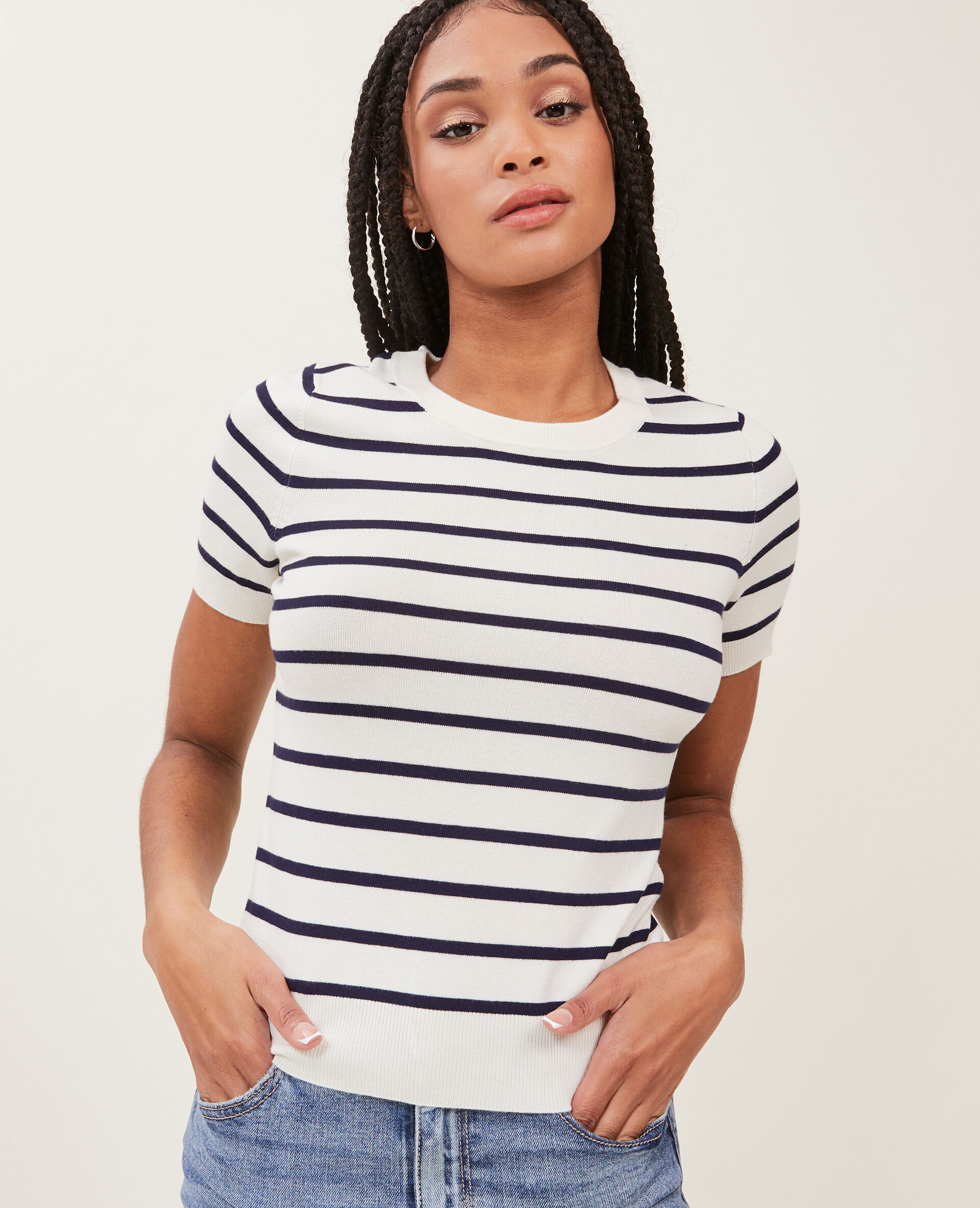 Pull manches courtes en maille fine - Blanc