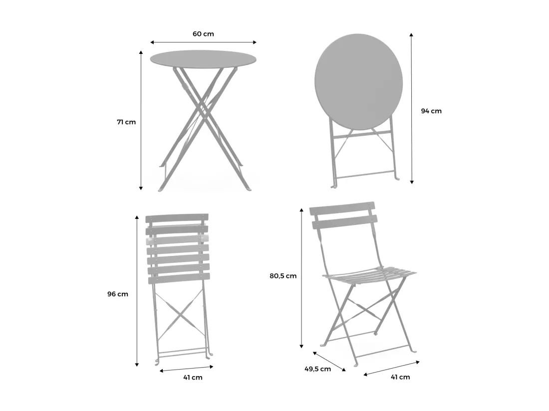 Table de jardin bistrot pliante métal + 2 assises beige Ø60 x 70cm. acier thermolaqué