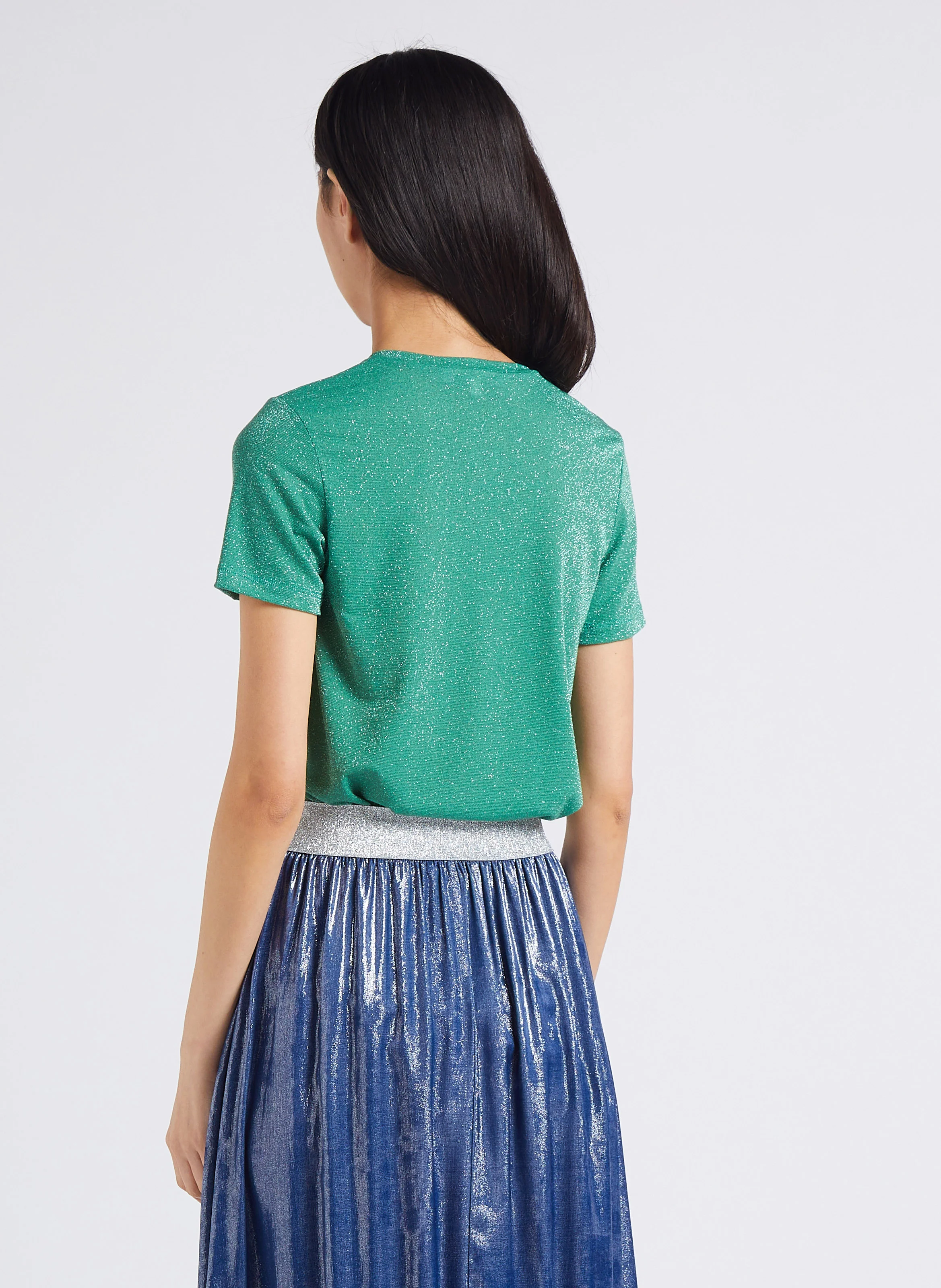 T-shirt col V en fibres métallisées | Vert