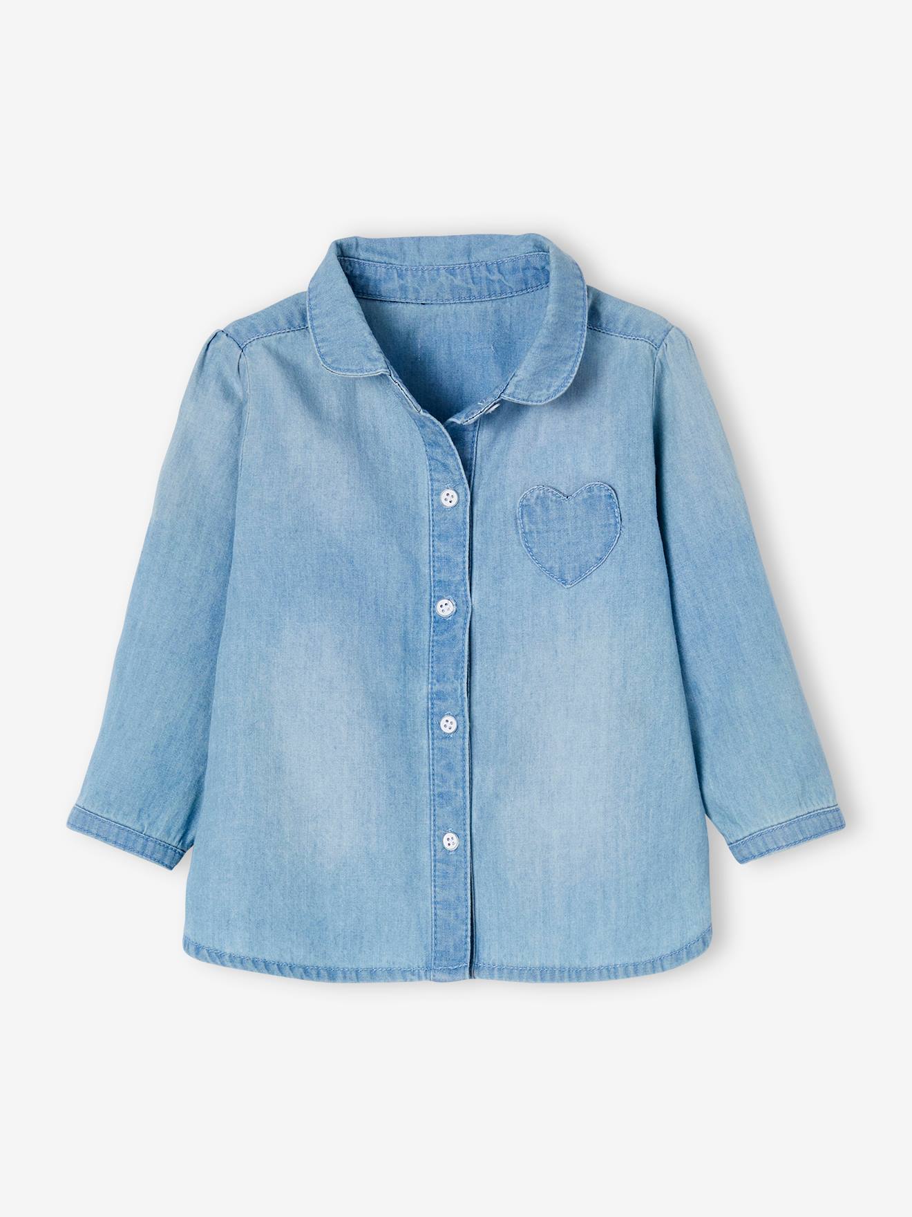 Camisa jeans lavada, personalizável, para bebê menina, lavagem azul clara