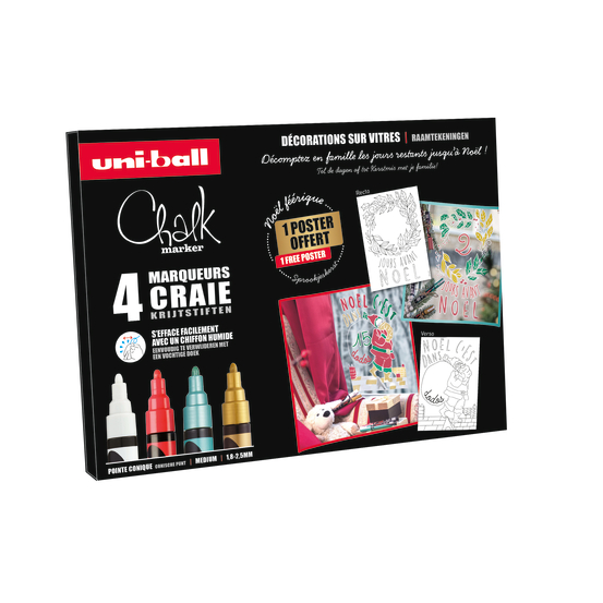 Coffret 4 marqueurs craie dont 1 rouge pour décoration festive