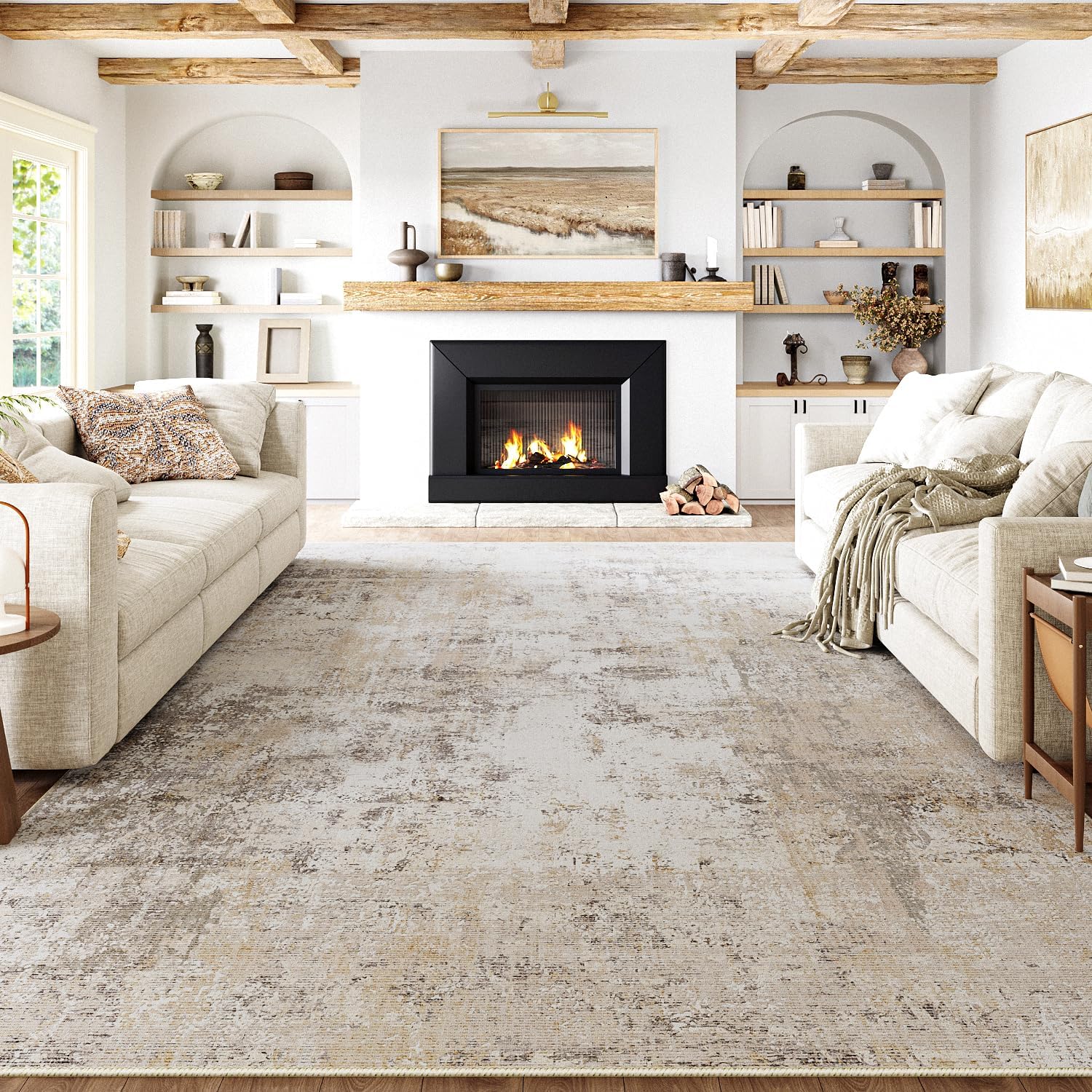 Waschbare Teppiche Gegend Teppich 300 X 400cm Beige Grau Modern Abstrakt Wohnzimmer Schlafzimmer Teppisch Groß rutschfest Kurzflor Weich Rugs for Living Room Carpet for Esszimmer Büro