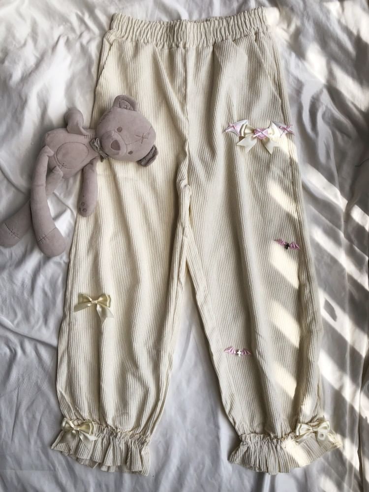 Miu B - Corduroy broek met hoge taille en strik, recht model