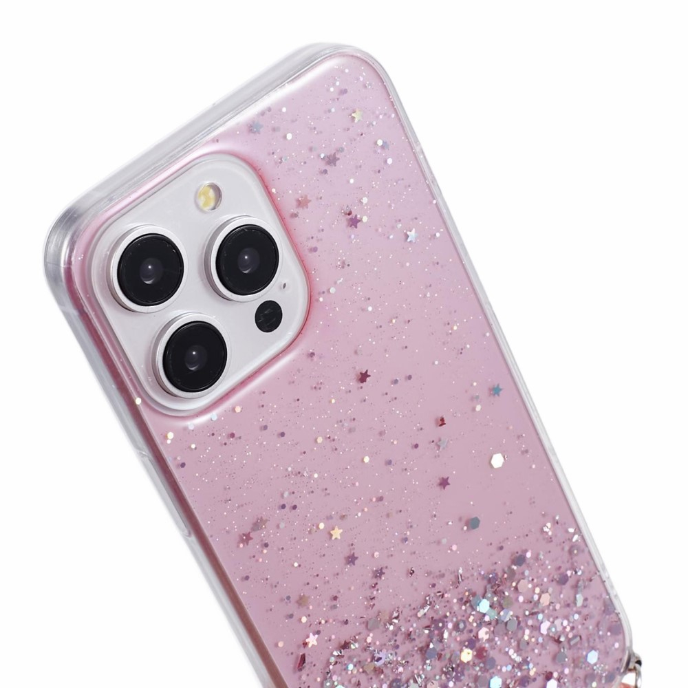 iPhone 14 Pro Necklace Gummi Hülle im Glitzer Design   Handykette (140cm) - Rosa / Transparent