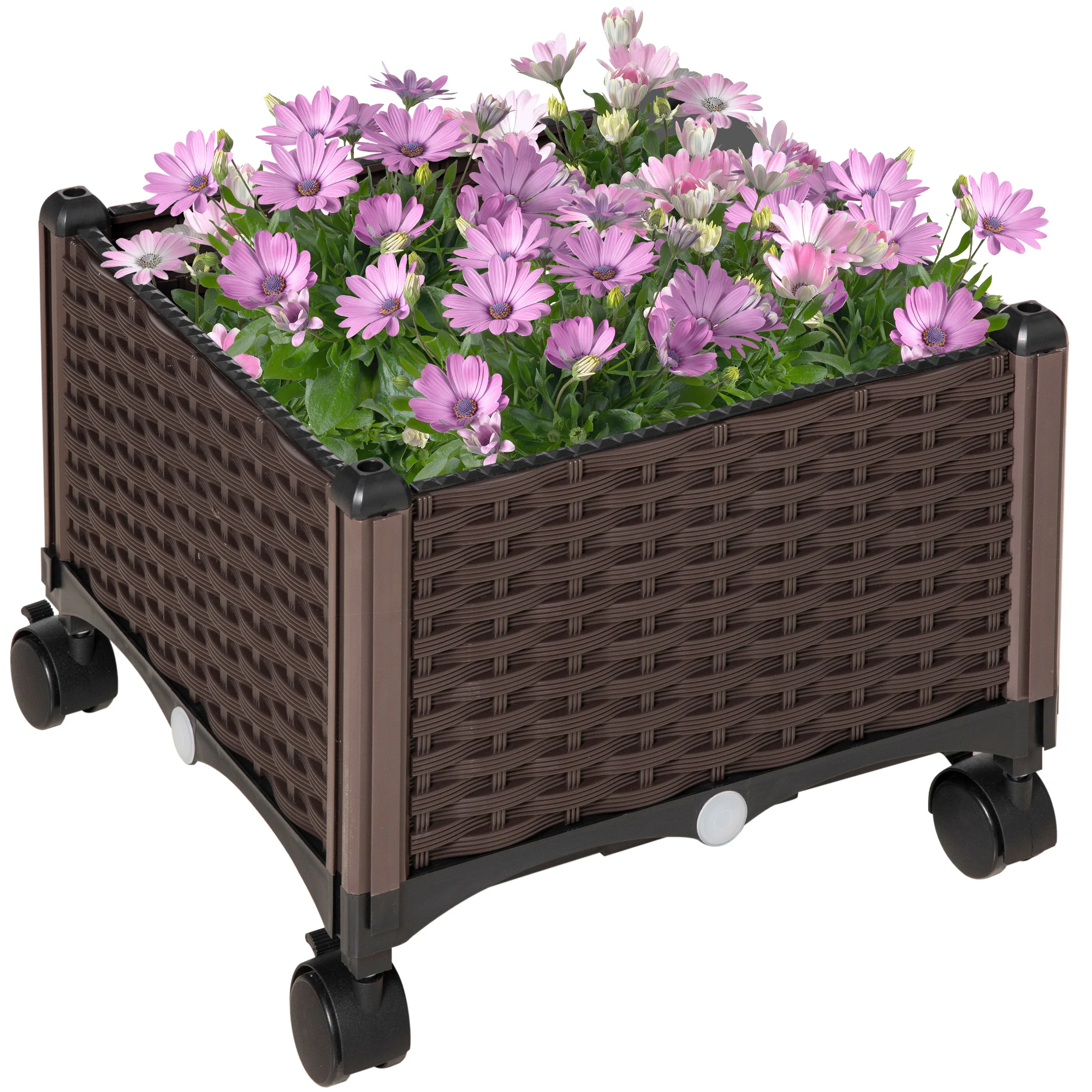 Vaso de plástico curvo Outsunny com 4 rodas, vaso de flores com furos de drenagem para cultivo de plantas ao ar livre, pátio, terraço, 40x40x31,5 cm, marrom