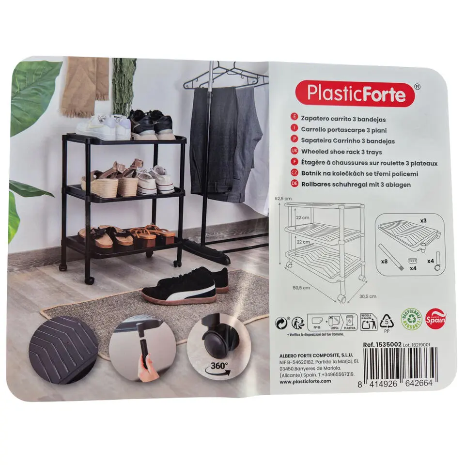 Plastic Forte Schoenenrek - 3-laags - 50 x 30 x 63 cm - op wielen
