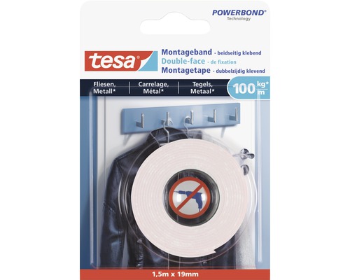 Tesa witte montagetape voor tegels, 1,5 m x 19 mm