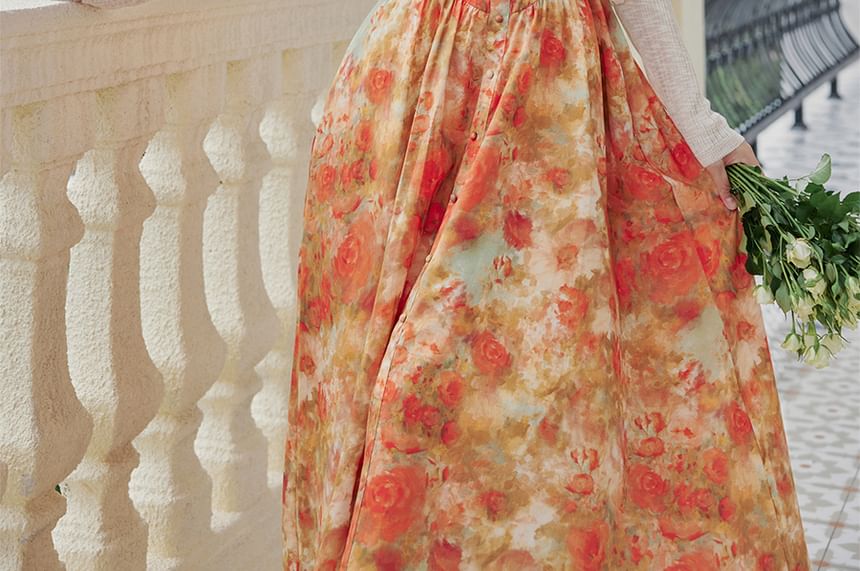 Nebbia - Mouwloze maxi-A-lijnjurk met bloemenprint / licht vest / set