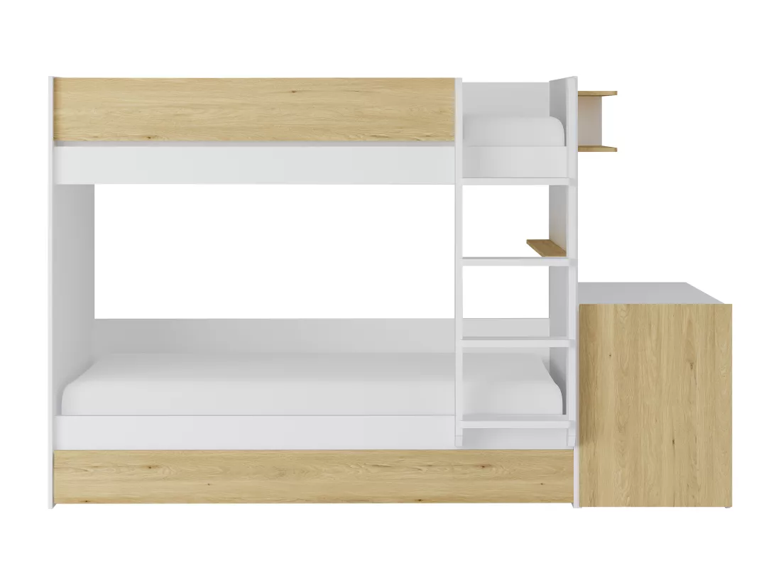 Lit superposé avec tiroir lit gigogne et 2 bureaux 3 x 90 x 190 cm - Coloris : Blanc et naturel - DOMATI