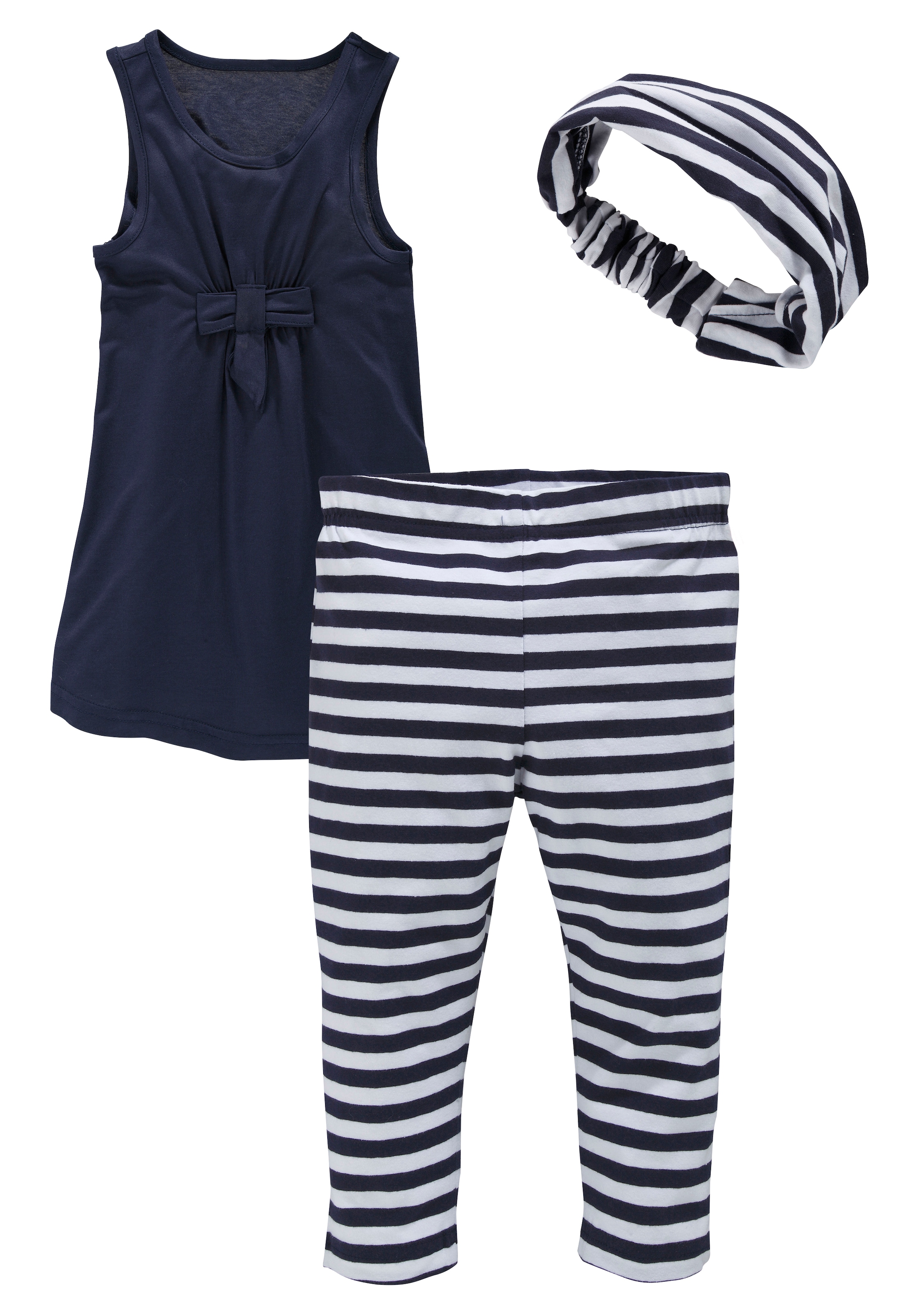 KIDSWORLD Kleid, Leggings & Haarband »3tlg. Set: Kleid, Capri und Haarband geringelt« Set, 3, 3 Stk. Capri und Haarband maritim geringelt