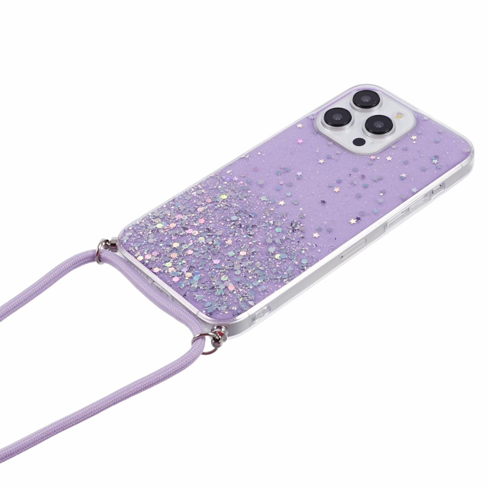 iPhone 15 Pro Max Necklace Gummi Hülle im Glitzer Design   Handykette (140cm) - Lila / Transparent