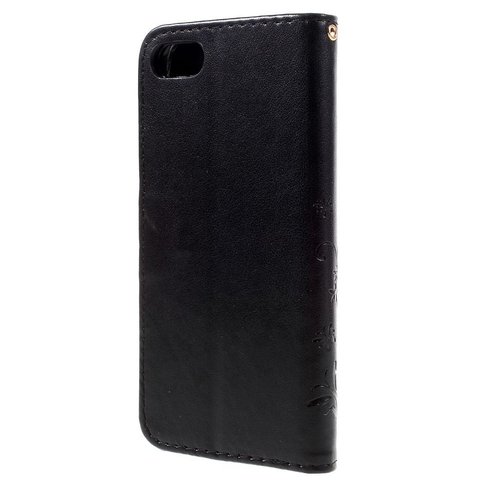iPhone SE (2022/2020) / 8 / 7 Leder Tasche mit Kartenfach   Handschlaufe Butterfly Flowers - Schwarz
