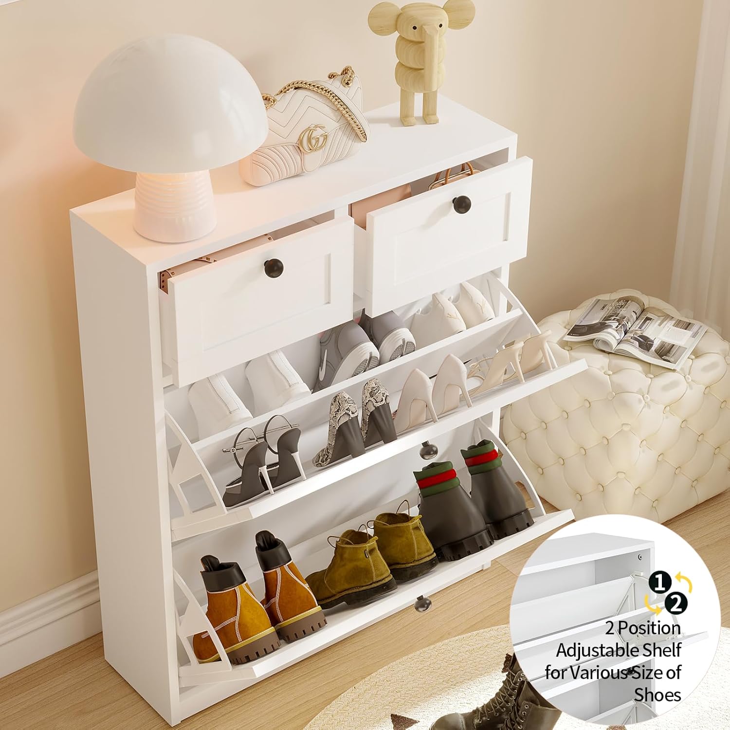 VOWNER Schuhschrank mit 2 Klappfächer, Schuhregal Schuhkipper Schmal, mit 4 Fächern, Schuhschrank Weiss, Verstellbar, Anti-Kipp-Vorrichtung für Eingangsbereich, Flur, 80 x 24 x 100 cm (Weiss)