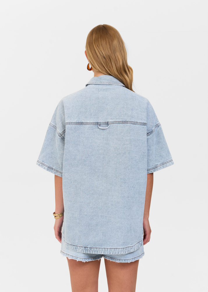 Oversized denim blouse korte mouw sky blauw
