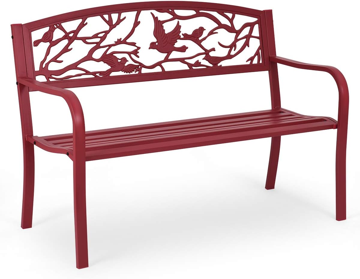 COSTWAY Gartenbank Metall, Sitzbank aus Gusseisen für 2-3 Sitzer, Parkbank mit Rückenlehne & Armlehne, Metallbank, Eisenbank für Garten, Terrasse, Balkon, 127 x 59,5 x 87,5 cm (Rot)