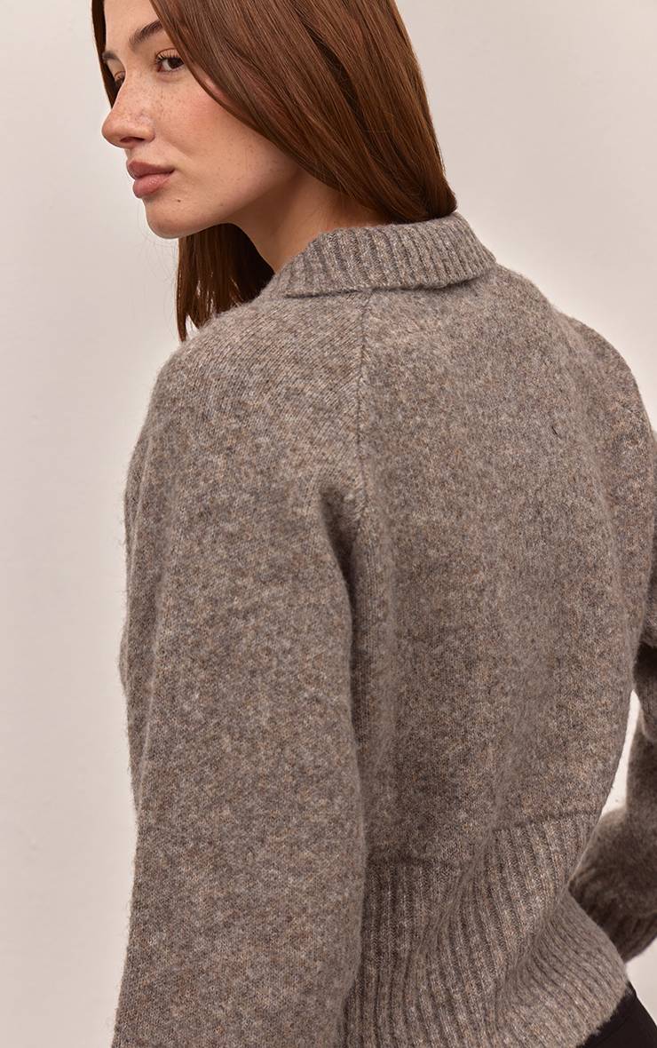 Taupe Cardigan Tricoté À Col Avec Détail À La Taille