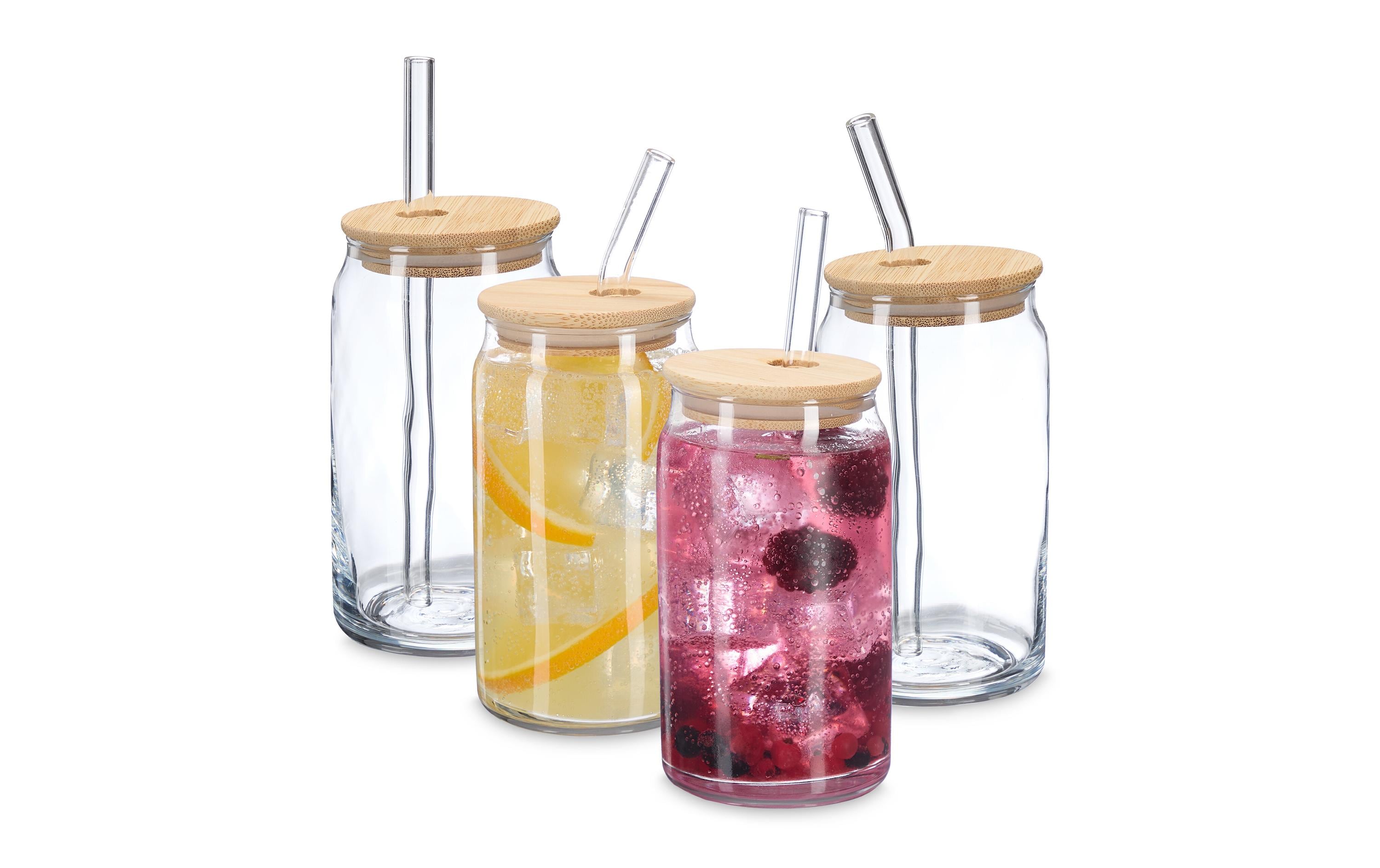 Trinkglas 4er Set, Transparent, Natur, 450 mlTrinkgläser mit Bambusdeckel