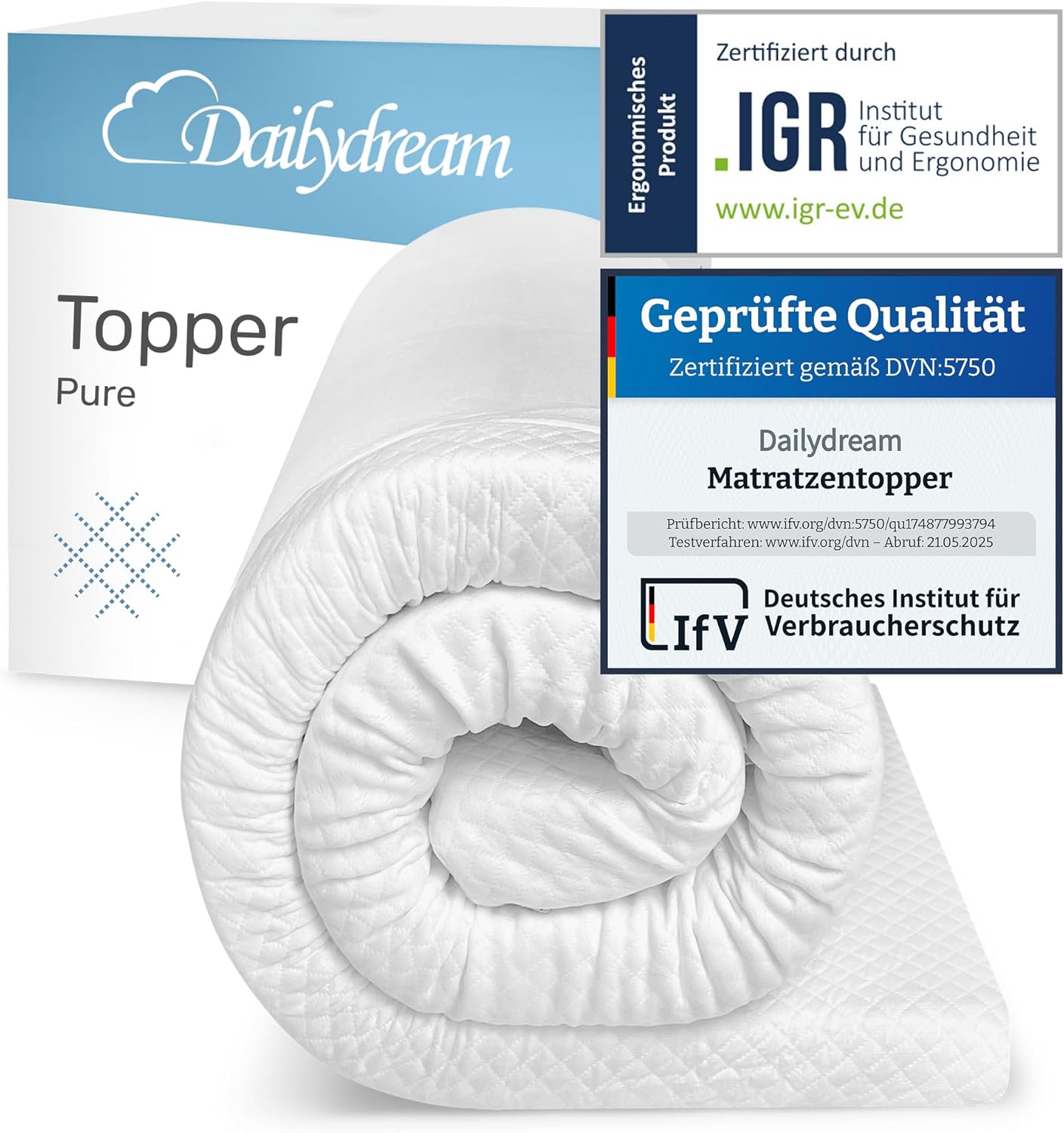 Dailydream Matratzen Topper 160x190cm | Memory Foam | 5cm hoch | Edition Pure, Model M | Zertifiziert & ergonomisch für unbequeme Matratze, Boxspringbett & Gästebett | Mattress Topper 160x190