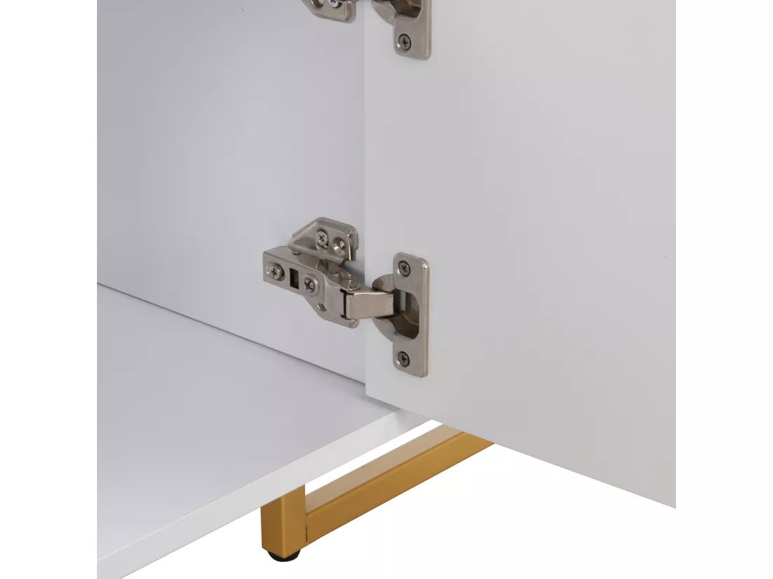 Meuble TV 175x30x46cm, panneau bas avec porte texturée, iroirs, poignées dorées et pieds dorés, blanc
