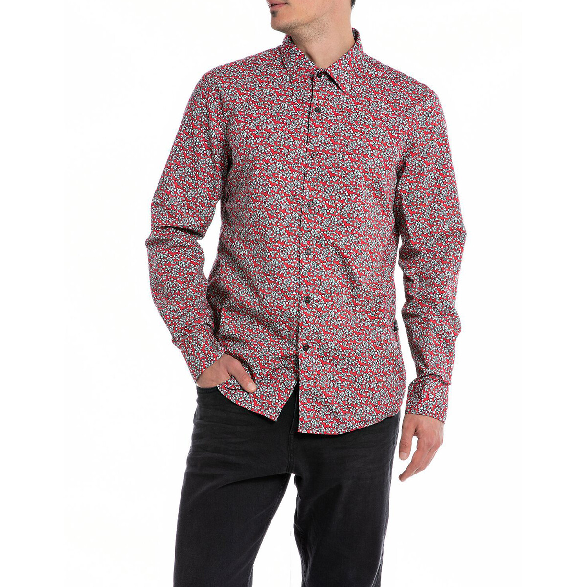 REPLAY<br>Camisa reta estampada de mangas compridas