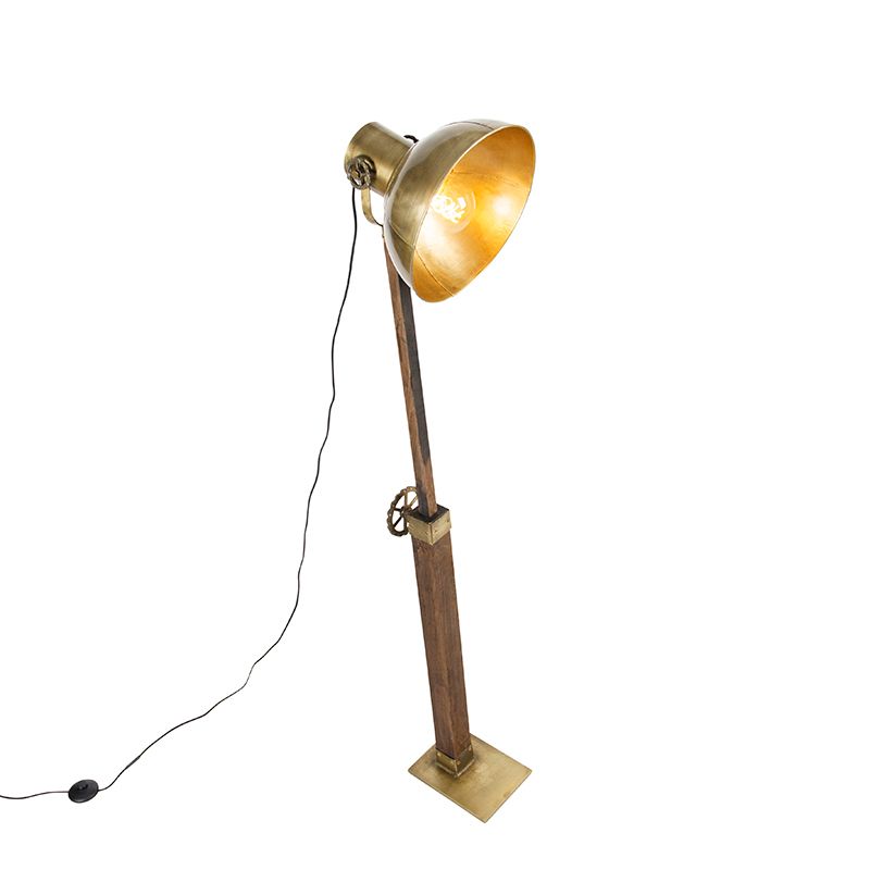 Industriele vloerlamp brons met mango hout - Mangoes