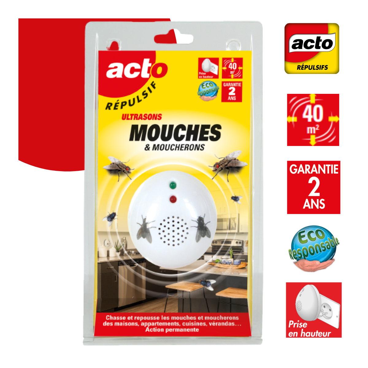Répulsif ultrasons mouches - moucherons - fixe 40m²