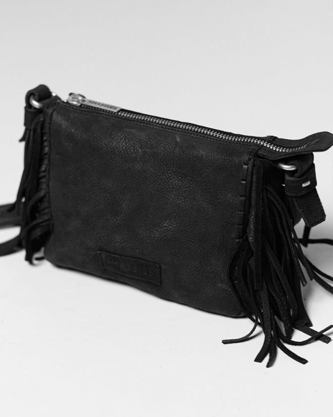 Shabbies Amsterdam Crossbody Fringes Waxed Grain Leather Zwart