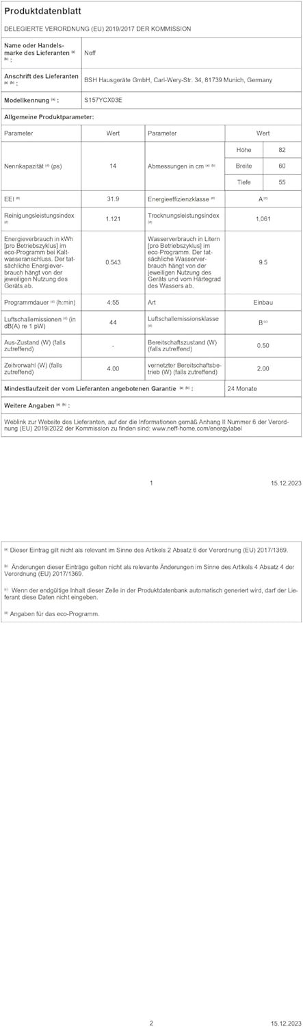 NEFF S157YCX03E, N 70, Smarter Geschirrspüler Vollintegriert, 60 cm, Besteckschublade, Made in Germany, Zeolith-Trocknung, besonders leise Spülmaschine, höhenverstellbarer Oberkorb, starker Sprühdruck