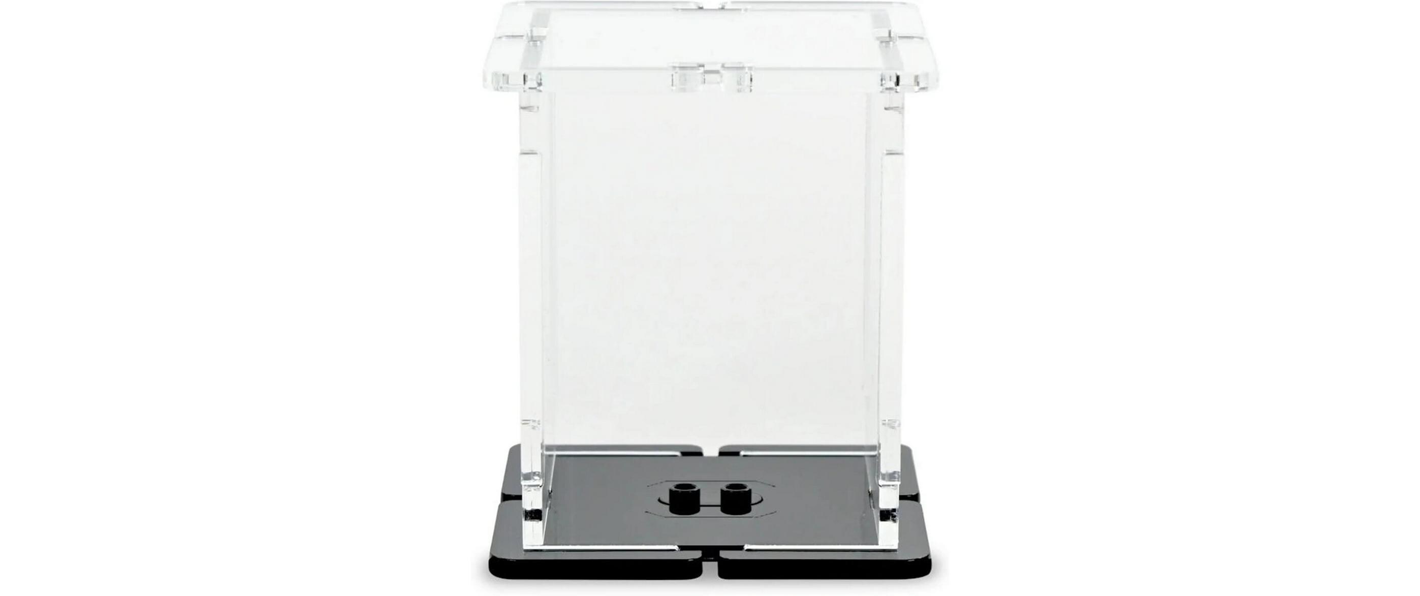 Baukasten Acryl-Display für 1 LEGO-MinifigurAcryl-Display-Box mit schwarzem Boden und 2 Noppen