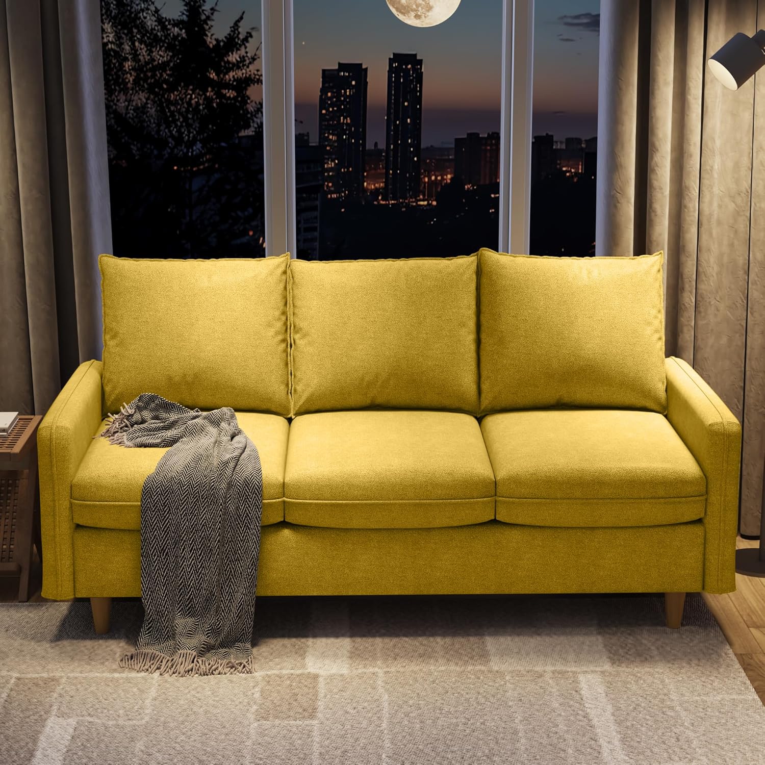 3-Sitzer +2-Sitzer Sofa, Kleines Sofa mit Massivholzbeinen und Seitentaschen, Abnehmbare Bezüge, Kurzplüschstoff Couch für Wohnzimmer, Schlafzimmer, Büro, Wohnung,Gelb (221+147 cm)