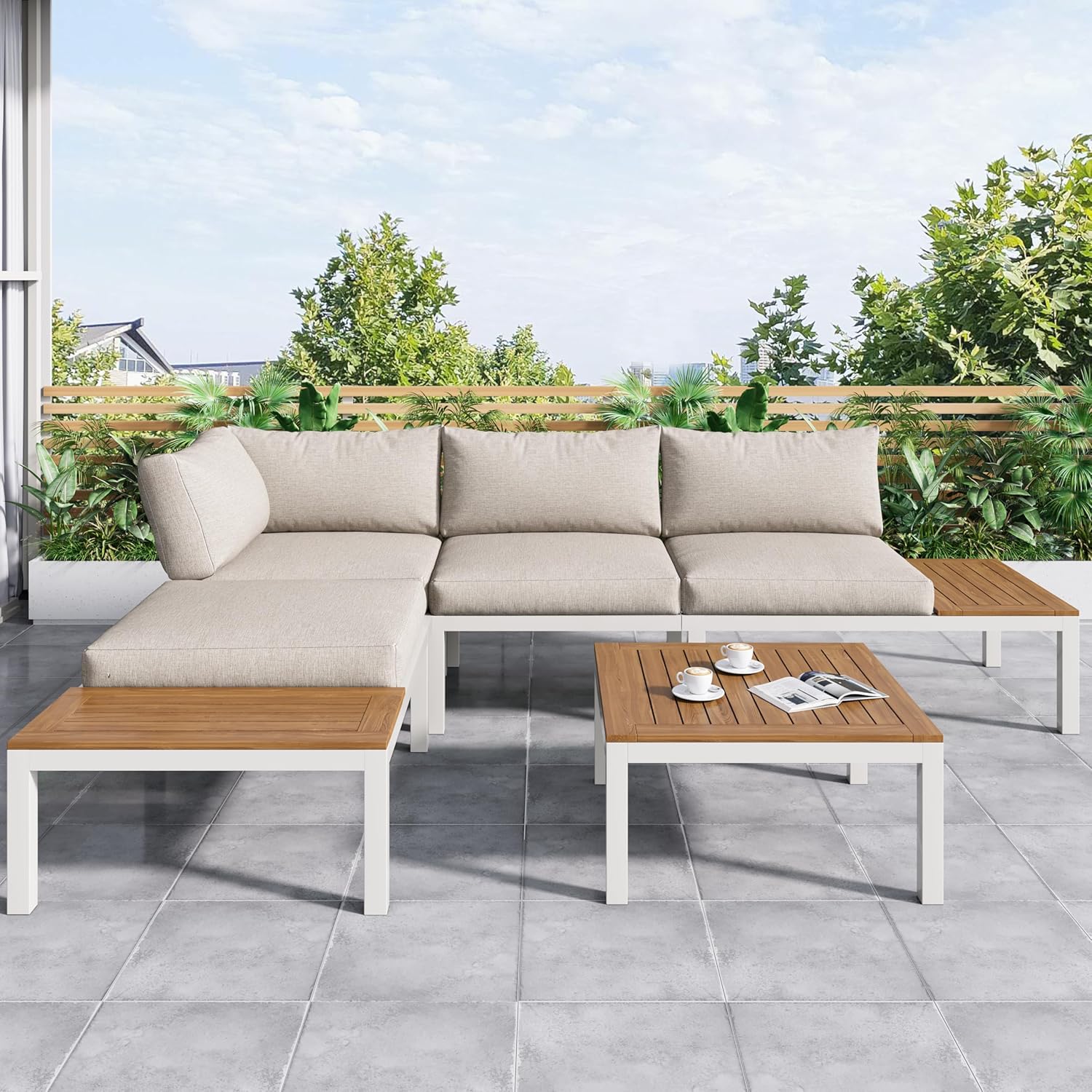 Merax Gartenmöbel Set 4-Personen, Lounge Sitzgruppe Outdoor mit Tisch, Ecksofa-Set aus verzinktem Eisen & Massivholz, für Garten Balkon Terrasse, inkl. Kissen, wetterfest Gartenlounge Set, Beige