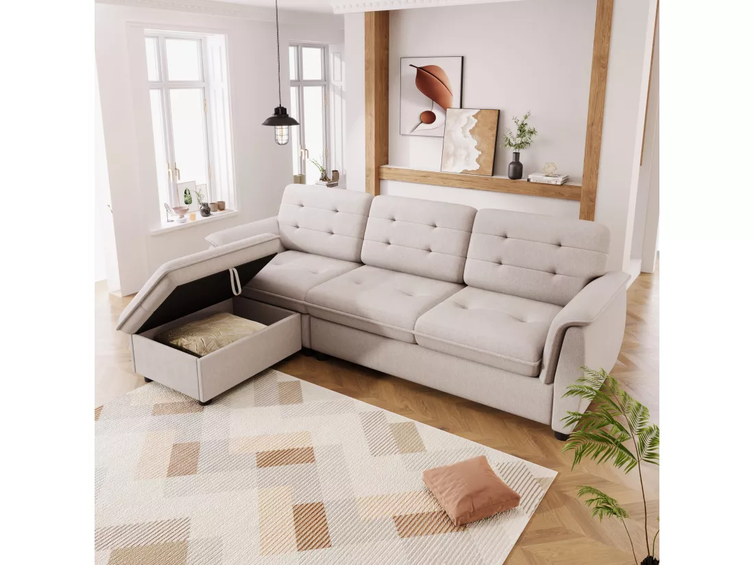 Canapé d'angle 3 places - tissu en lin - repose-pieds avec rangement - Beige
