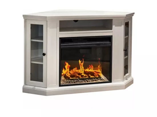 Cheminée électrique d'angle au sol en bois blanc L126 x P78 x H83