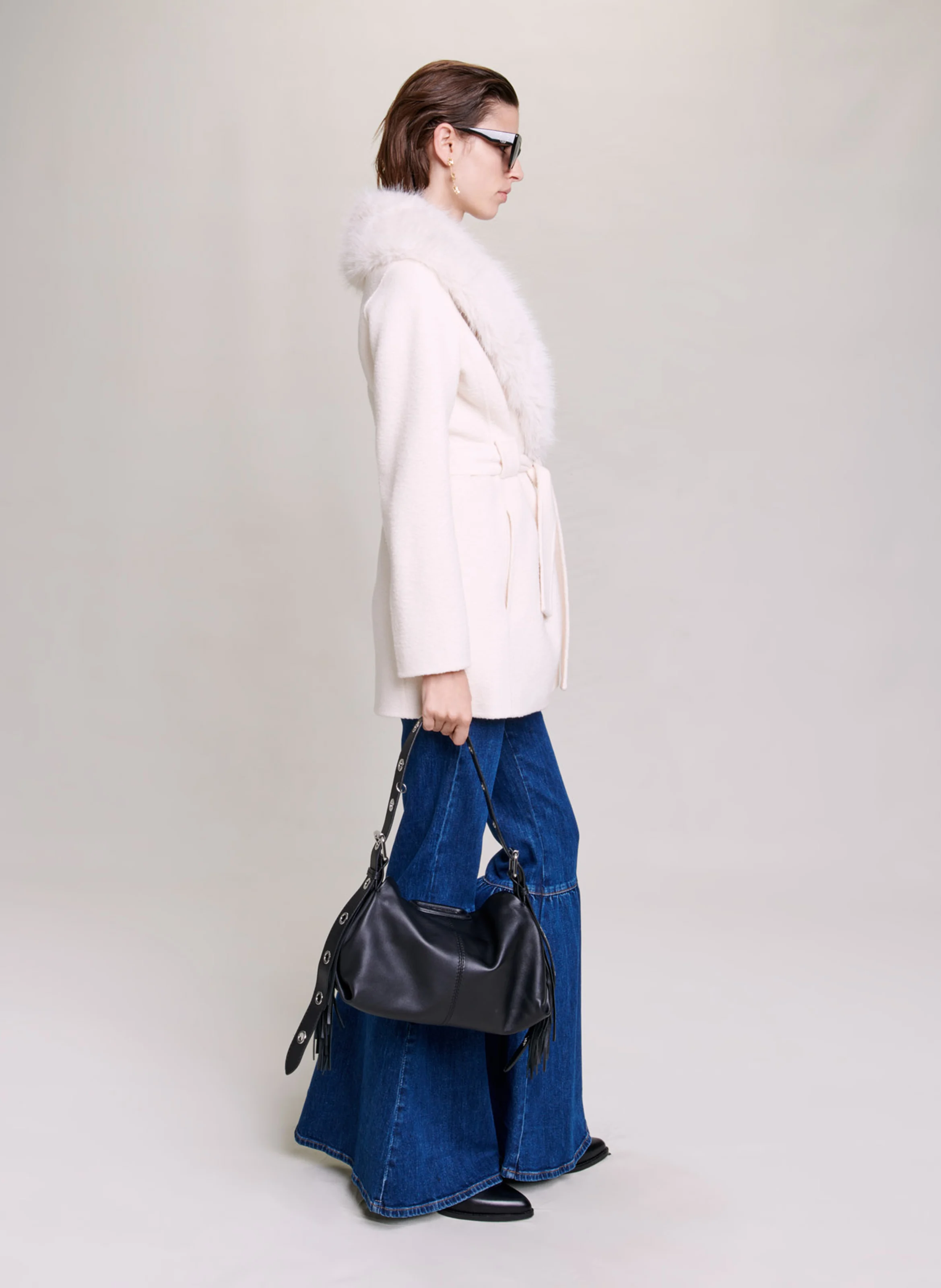 Manteau cintré col châle en laine mélangée | Beige