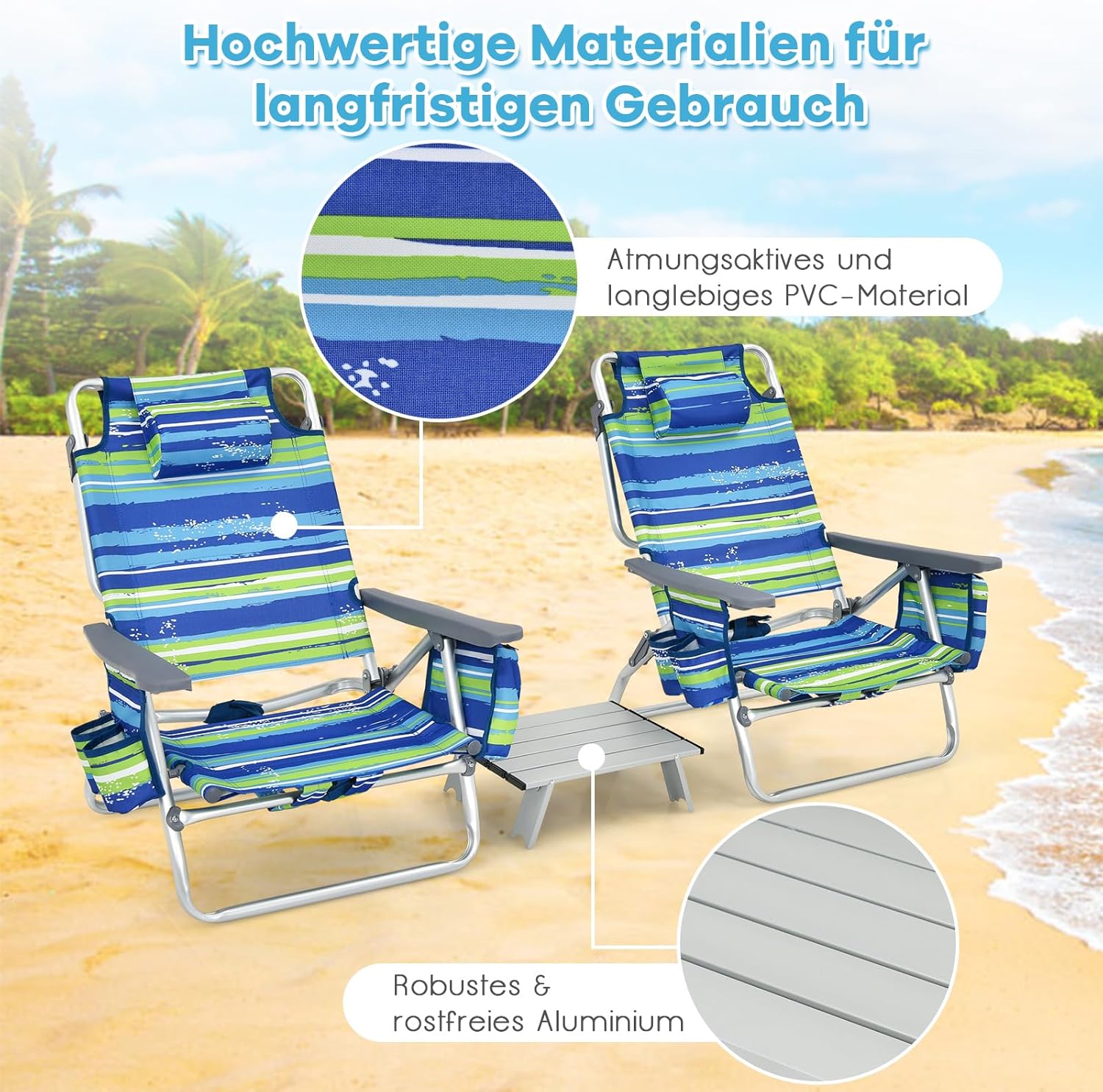 COSTWAY Strandstühle und Tisch Set, klappbare Campingstühle mit Verstellbarer Rückenlehne, Kopfstütze, Seitentaschen, Eisbeutel, Armlehnen & Schultergurten, Klappstühle leicht (Blau + Grün)
