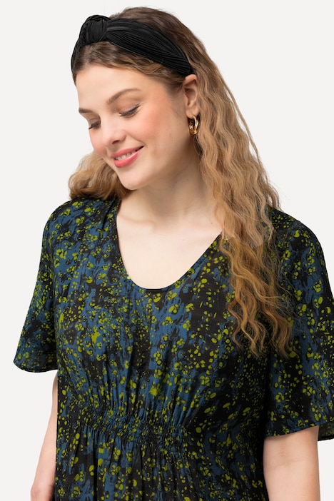 Kleid, Punkte, Smokeinsatz, V-Ausschnitt, Halbarm
