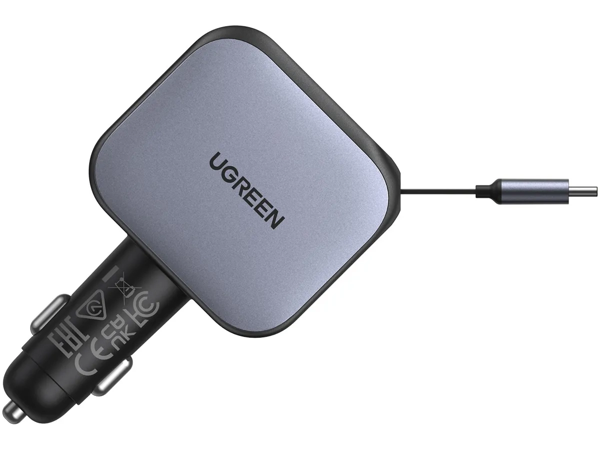 (60W) USB C / USB A Auto Ladegerät Fast Car Charger mit ausziehbarem USB C Ladekabel (55212B) - Silber / Schwarz