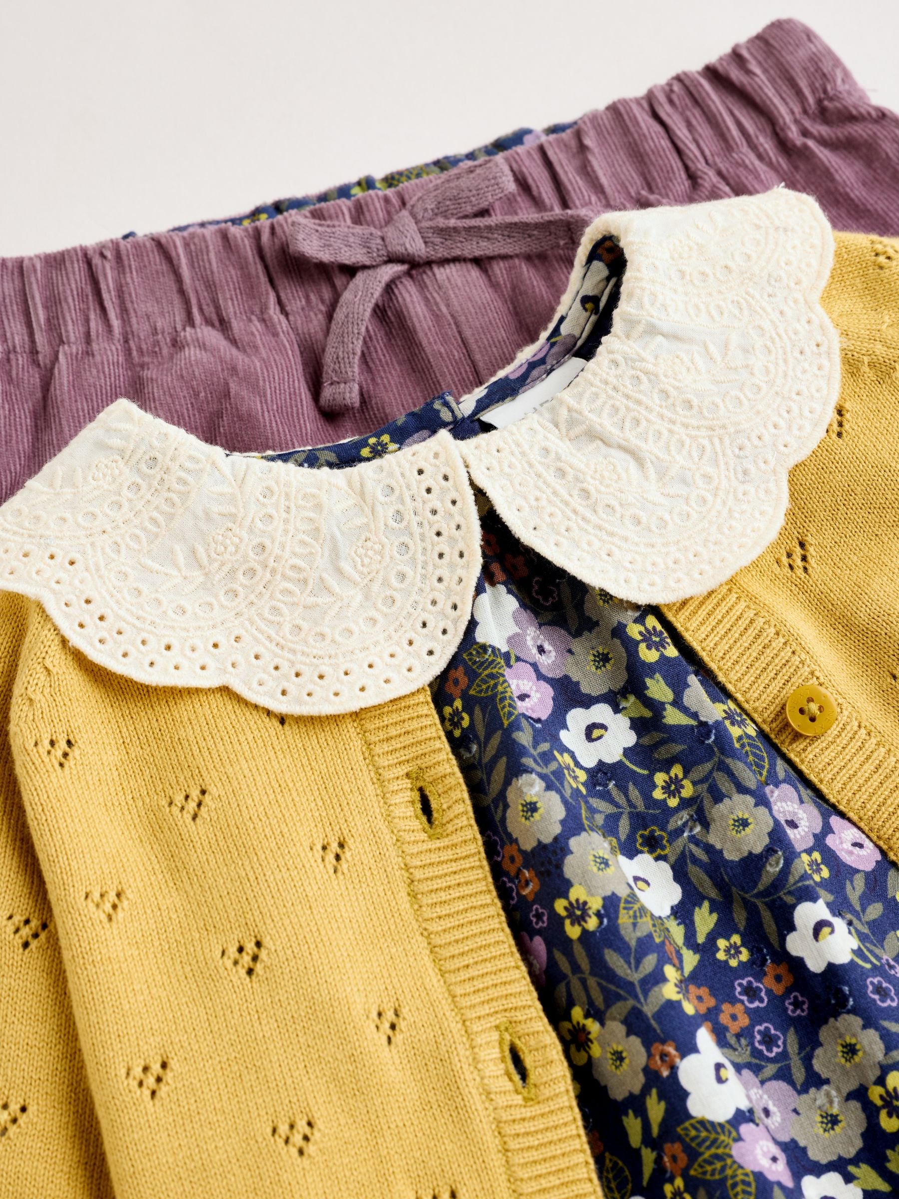Geel/marineblauw met fijne print/paars - Knitted Cardigan, Long Sleeve Top and Cord Trouses Baby 3 Piece Set (0mths-2yrs)
