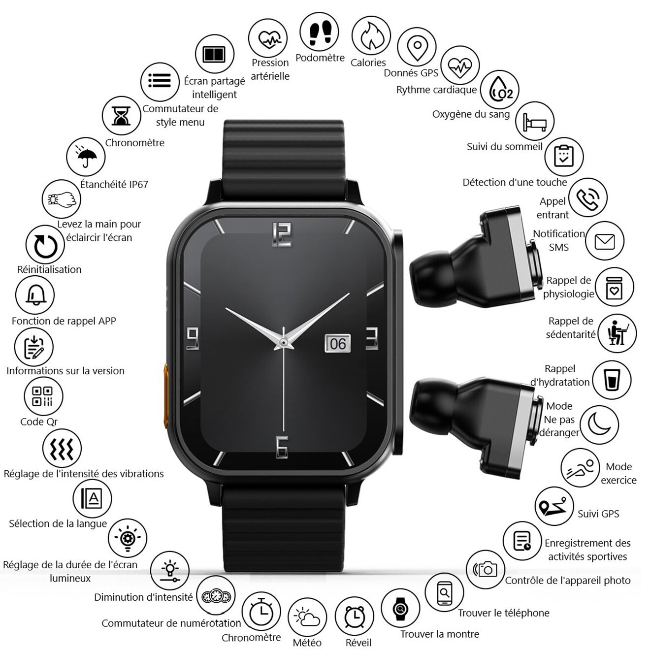 Onamaste Montre connectée multifonctions noire