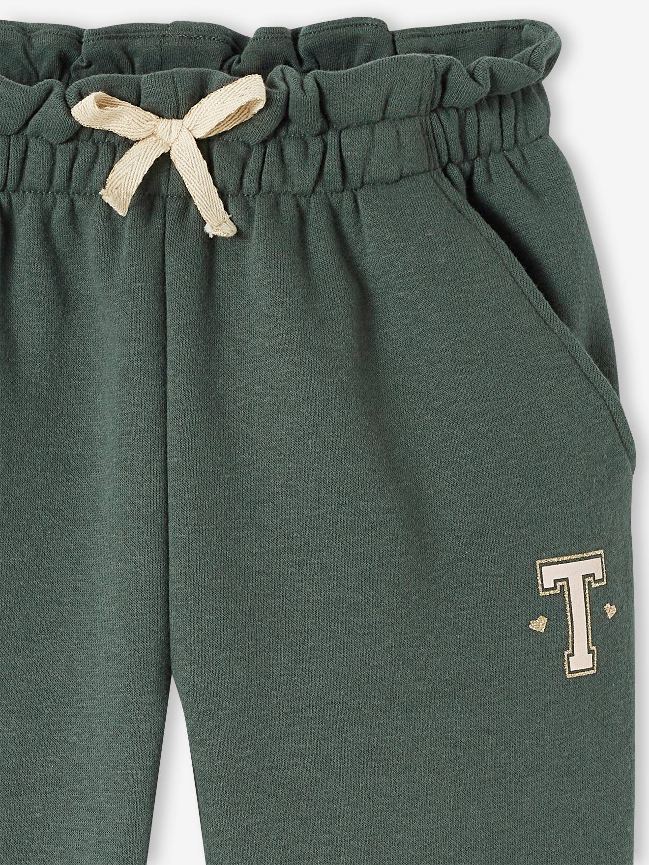Calça de moletom verde com cintura alta e amarração para meninas
