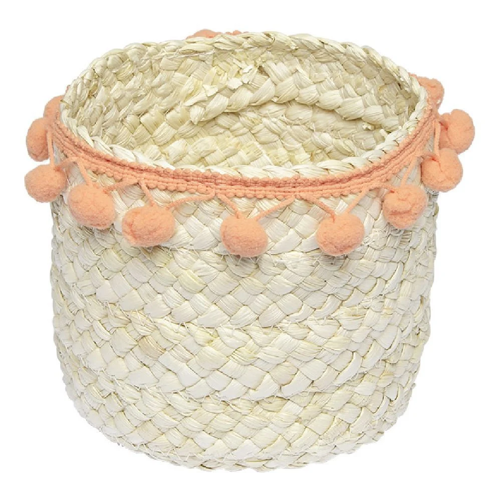 Panière ronde en jonc naturel avec pompons orange Ø16 cm